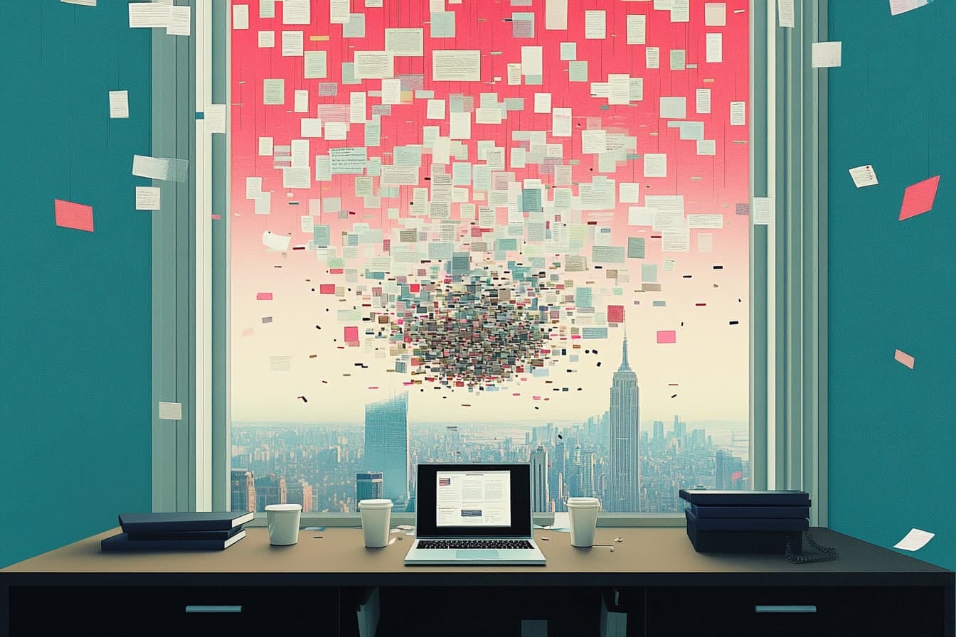 a desk with an open laptop surrounded by floating papers