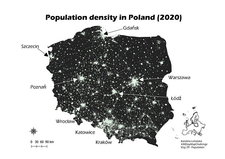 Maps of populations density in Hungary and in Poland.