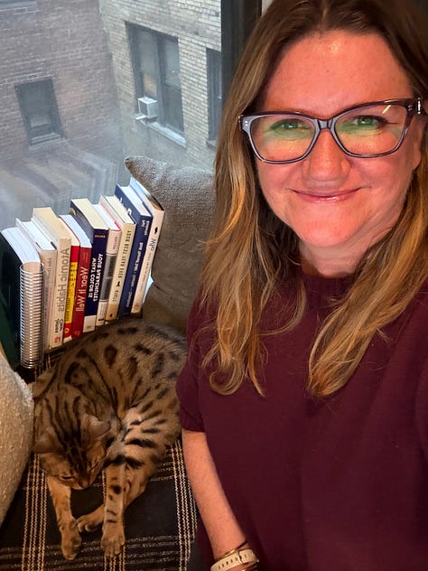 Gallery of Laurie Wetzel working at her desk, on the subway, and speaking at a conference