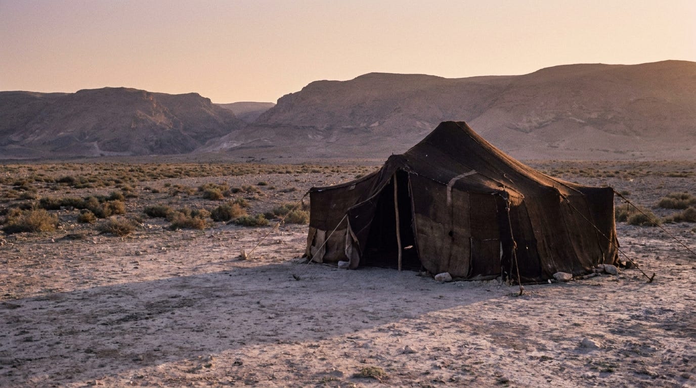 A solitary goat-hair tent on a wide dry plain at dusk, empty and still, long shadows stretching across pale sand and low scrub toward distant hills under a soft warm sky, no people, no faces, no text A solitary goat-hair tent on a wide dry plain at dusk, empty and still, long shadows stretching across pale sand and low scrub toward distant hills under a soft warm sky, no people, no faces, no text