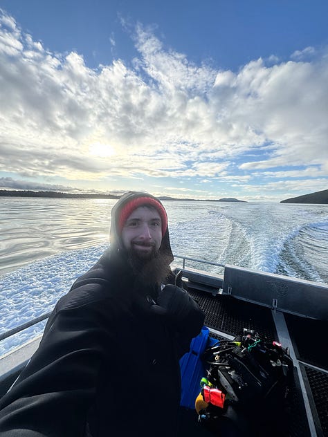 Photos from the dive boat, and octopus relased underwater from yellow dive bag