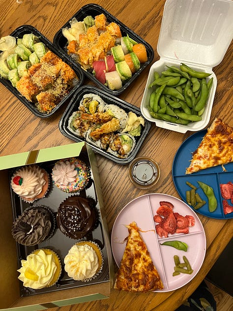 Tupperware set, sushi dinner, Sam eating yogurt