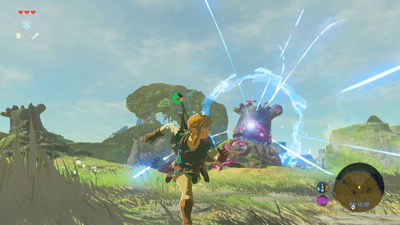 Zelda running through a lush forest, looking back in fear as a gigantic stone statue looms in the background, preparing to fire a powerful laser beam.