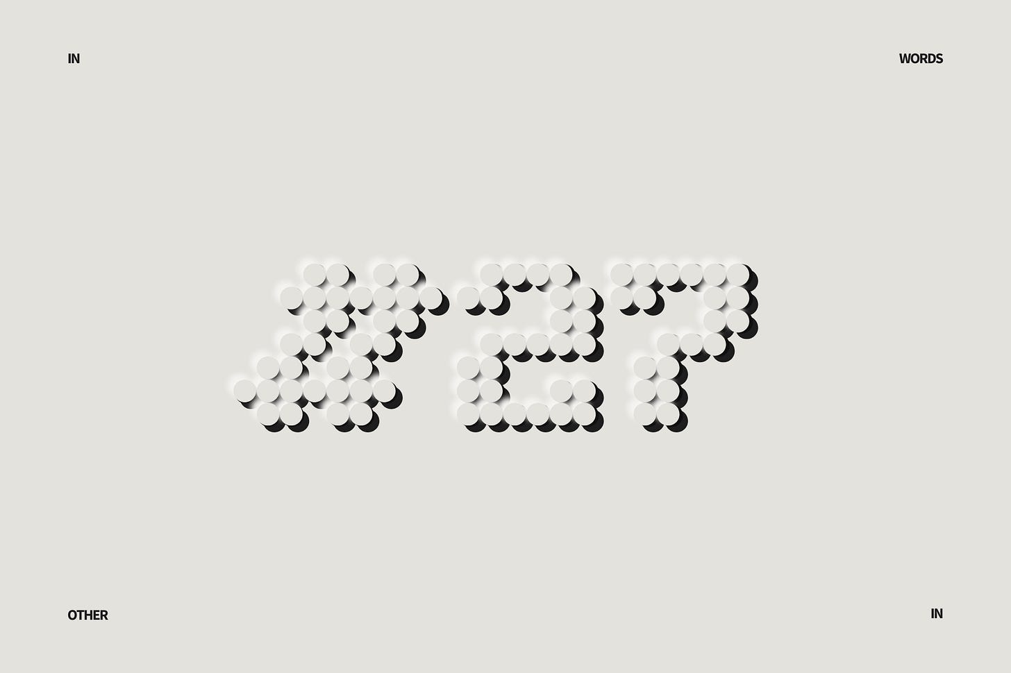 A minimalist, cream-colored digital canvas styled like an embossed museum placard. At the center, the characters #27 are rendered in a pixelated font where each individual pixel is perfectly imitated by a large, raised circular dot. These dots cast soft drop shadows, seamlessly marrying a computational grid layout with the heavy, physical depth of printmaking. The words IN, WORDS, OTHER, and IN are subtly typeset in a clean sans-serif font in the extreme corners of the frame. Part of the In Other Words series at The Subtext Review.