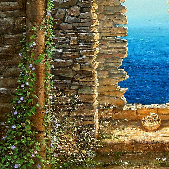 LEFT: Detail from the ruins in TIME AND TIDE featuring a nested opening leading to cool blue sea. A transparent sphere containing a solitary flame floats out to pale blue sky. As if left behind, a spiral ammonite fossil leans against the cream colored stone at the base of the opening, RIGHT: Close detail from TIME AND TIDE featuring the spiral of an ammonite fossil resting against stone at the base of an opening providing a view out to sea. The wall of the ancient ruins is wheat colored, a warm contrast against the cool ripples of the cobalt sea beyond. Wild vegetation grows up a pill. Hidden among the leaves is the artist's simplified sigil, a combination of the letters M and W.