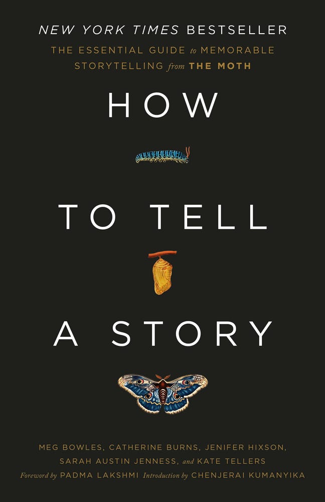 Book cover for The Moth: How to Tell a Story. Black background with white type.