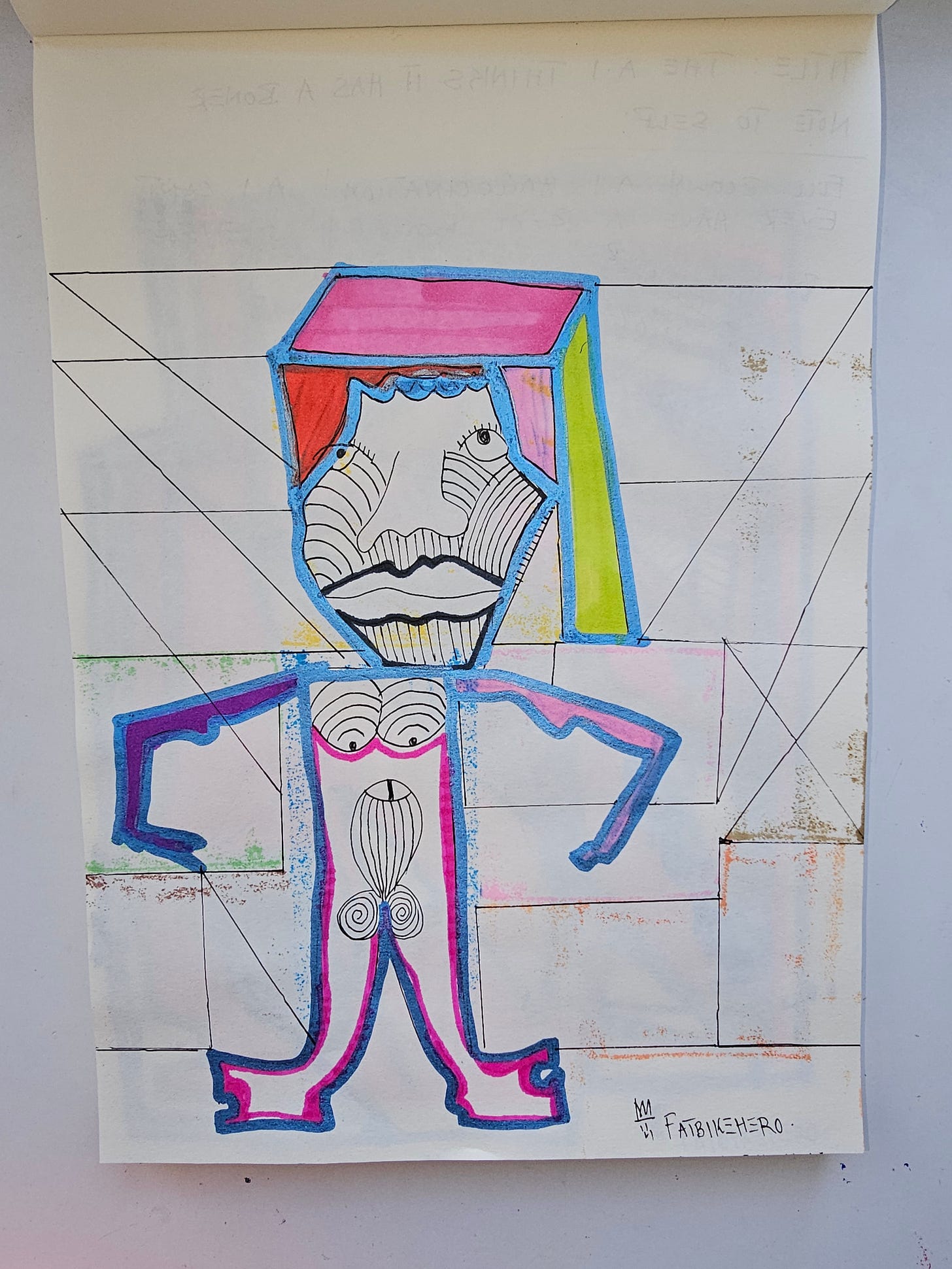 Stylized geometric humanoid figure outlined in blue and pink ink with abstract anatomical motifs on white paper.