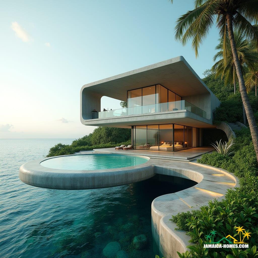 In a lush, vibrant Jamaican tropical setting, a futuristic smart home rises, its bold geometric structure a masterful blend of curved and angular elements, with sleek concrete, glass, and metallic finishes that evoke an ultra-modern, high-tech aesthetic. A floating infinity pool seems to defy gravity, its crystal-clear waters blending seamlessly into the turquoise horizon. Solar-powered smart glass windows, a marvel of innovative design, provide unobstructed views of the breathtaking surroundings. The multi-level open floor plan unfolds like a work of art, with AI-controlled climate features and smart lighting that adapt to the rhythms of the day. Cinematic film still, captured on a v-raptor XL camera, with a hint of film grain, subtle vignette, and meticulous color grading, evoking the grandeur of 35mm film. Post-processed to perfection, this image is a live-action masterpiece, an atmospheric epic that showcases the symphony of light, texture, and form. Inspired by the futuristic visions of Syd Mead, the organic minimalism of John Pawson, and the technological wizardry of H.R. Giger, this image is a testament to the magic of futuristic design, a dramatic, stunning, and awe-inspiring visual experience.