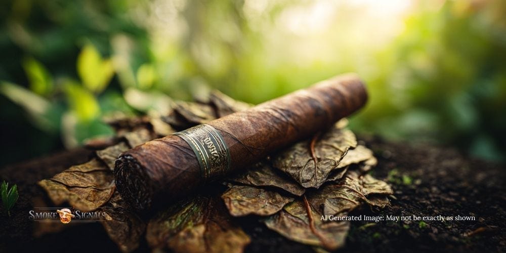 Premium sustainable cigar resting on a bed of fresh tobacco leaves. Premium sustainable cigar resting on a bed of fresh tobacco leaves.Premium sustainable cigar resting on a bed of fresh tobacco leaves.