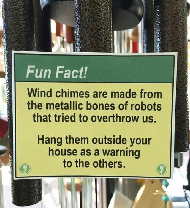 Fun fact! Wind chimes are made from the metallic bones of robots that tried  to overthrow us. Hang them outside your house as a warning to the others.