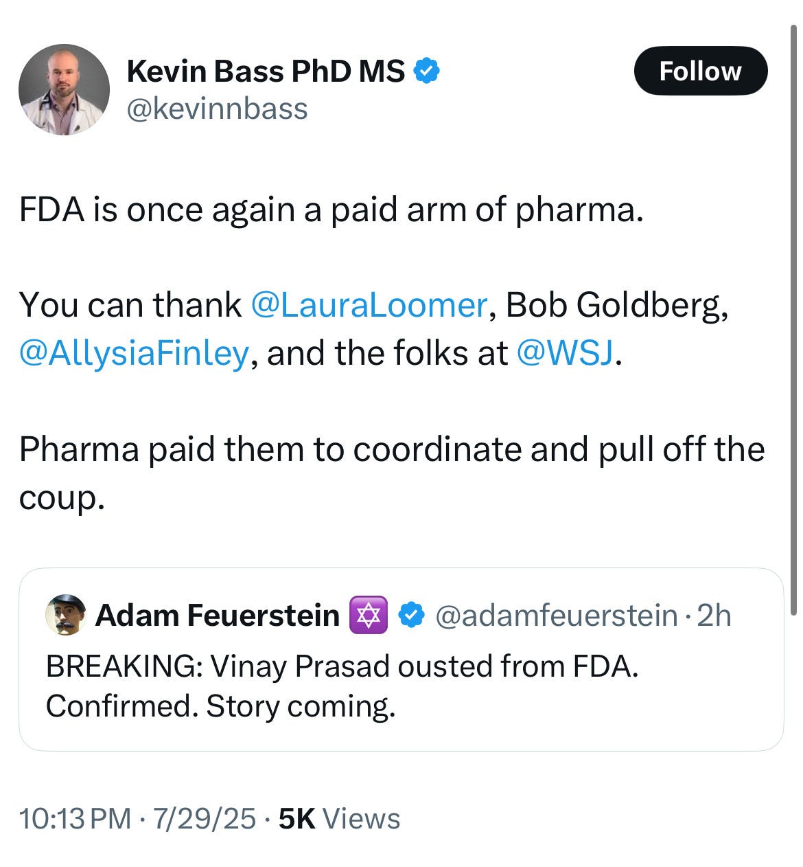 Kevin Bass whining about Vinay Prasad being ousted from the FDA: "FDA is once again a paid arm of pharma...Pharma paid them to coordinate and pull off the coup." Kevin Bass whining about Vinay Prasad being ousted from the FDA: "FDA is once again a paid arm of pharma...Pharma paid them to coordinate and pull off the coup."