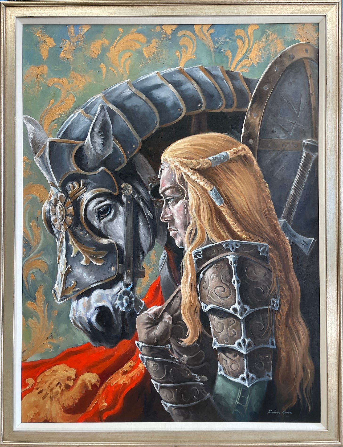 A female knight in ornate armor and a war horse with intricate headgear against a patterned background. Warm tones and a sense of valor. Original painting by Kindrie Grove