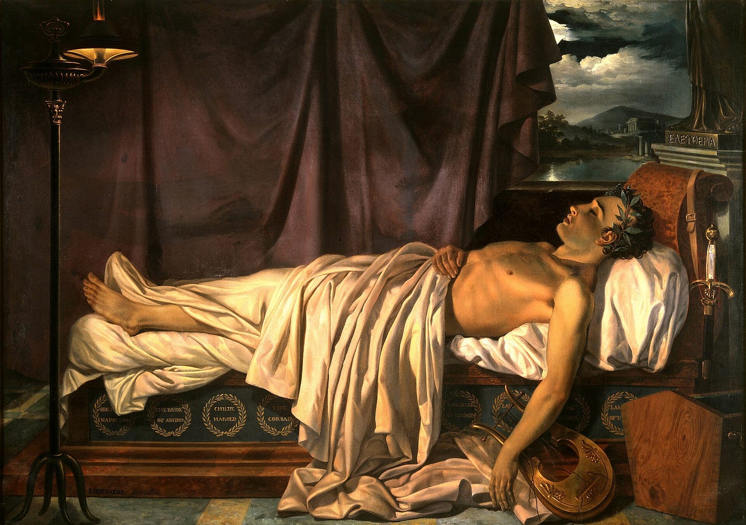 A young man crowned with laurel lies bare-chested on a bed draped in white, lit by an oil lamp, a lyre on the floor by his hand, a sword at the head of the bed and a moonlit Greek landscape with a temple behind him.