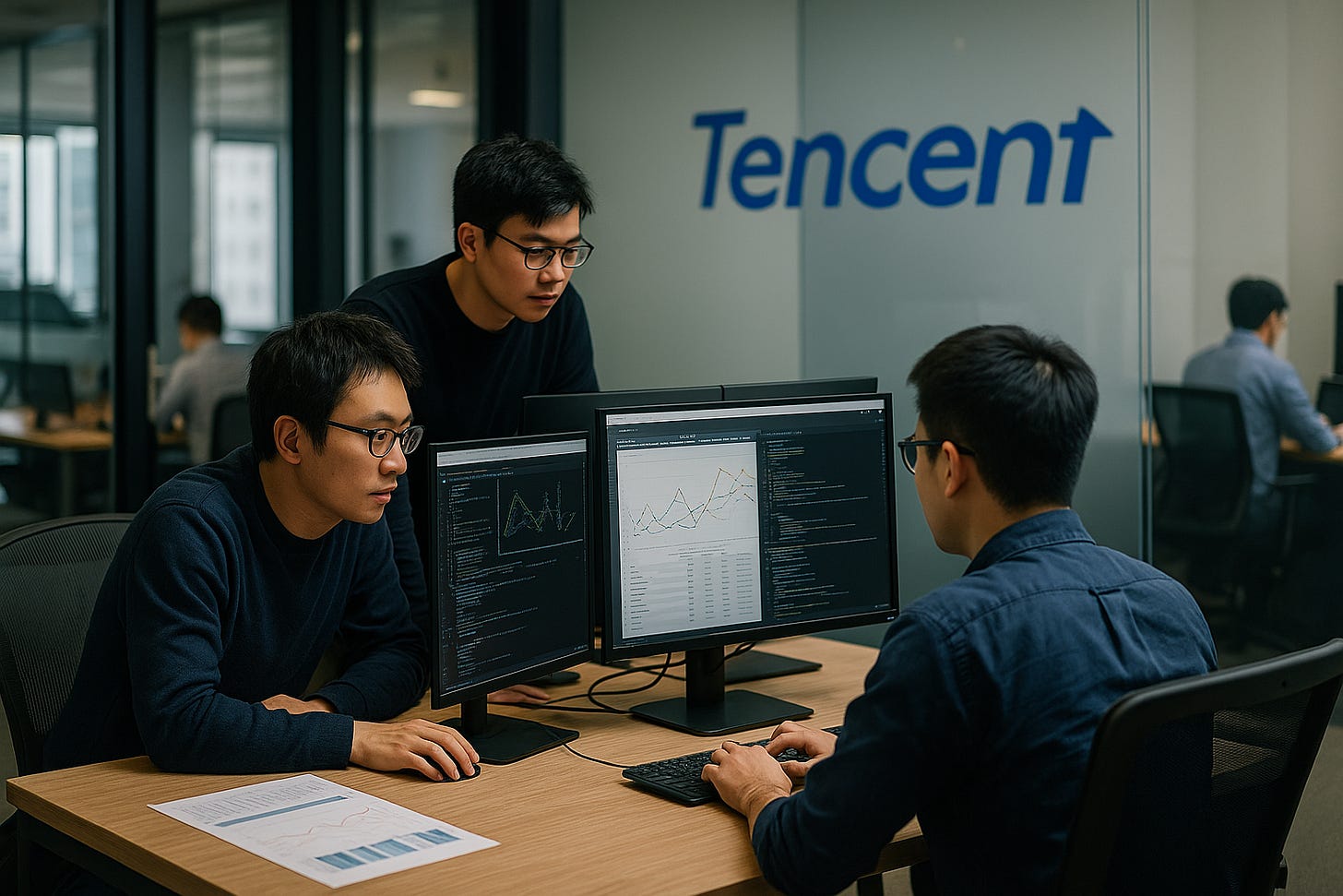 O clădire modernă de birouri iluminată seara, cu sigla Tencent vizibilă pe fațadă, simbolizând lansarea noilor modele AI compacte dezvoltate de companie.
