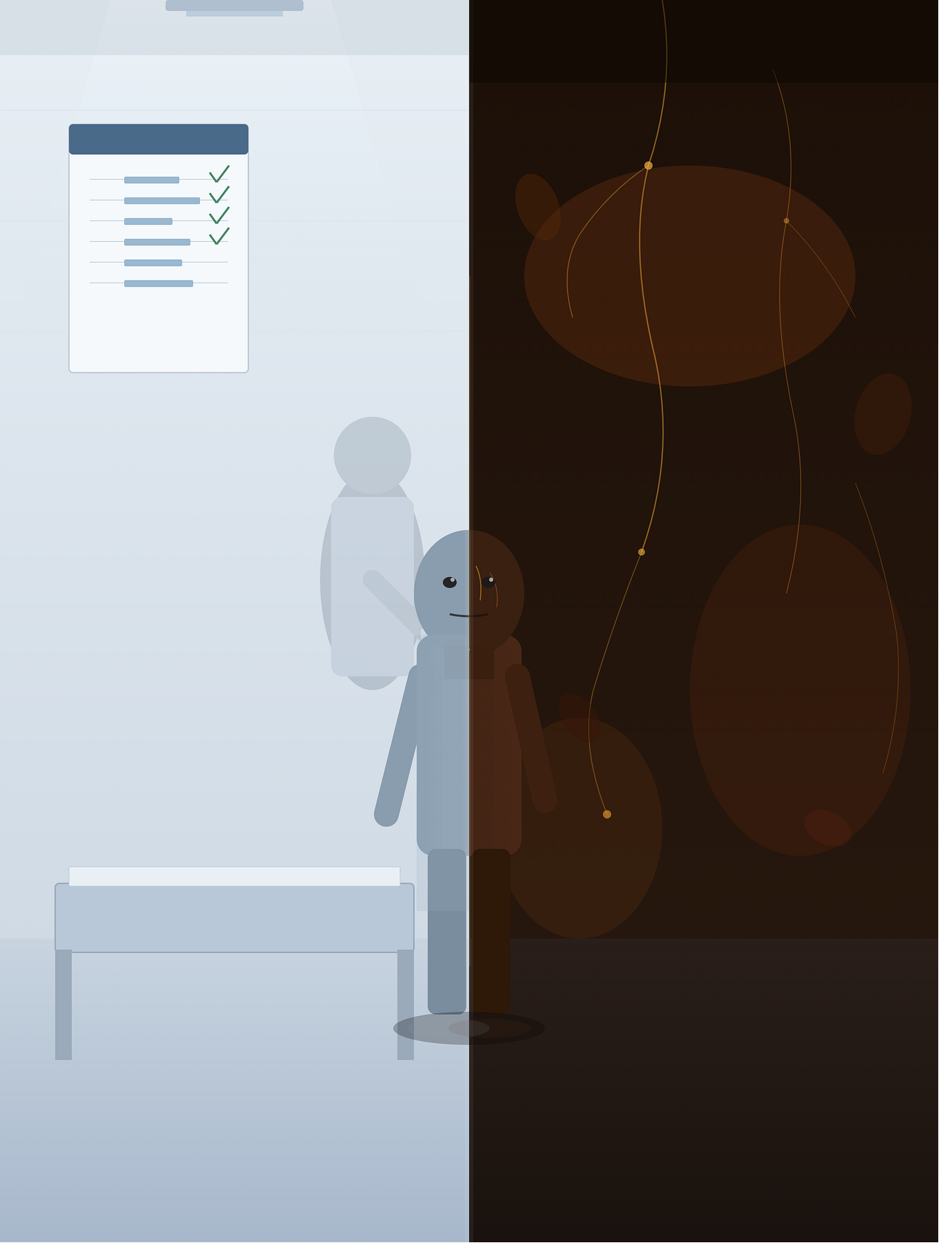 A figure seated at the center of a clinical exam room divided into two contrasting halves. The left side is rendered in cold blue-gray tones with harsh ceiling light, a medical chart showing normal values, and a doctor's silhouette turned away. The right side shifts into warm amber darkness with organic textures and faintly glowing lines tracing beneath the figure's skin. The figure faces forward, bisected by a luminous seam, caught between clinical verdict and inner experience.