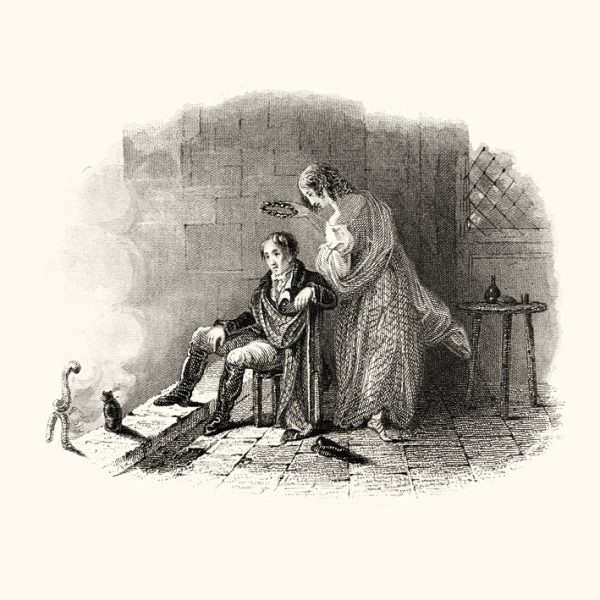 A line drawing of a man sitting next to a hearth. A woman in a dress is coming up behind him to place a crown on his head.. A line drawing of a man sitting next to a hearth. A woman in a dress is coming up behind him to place a crown on his head..