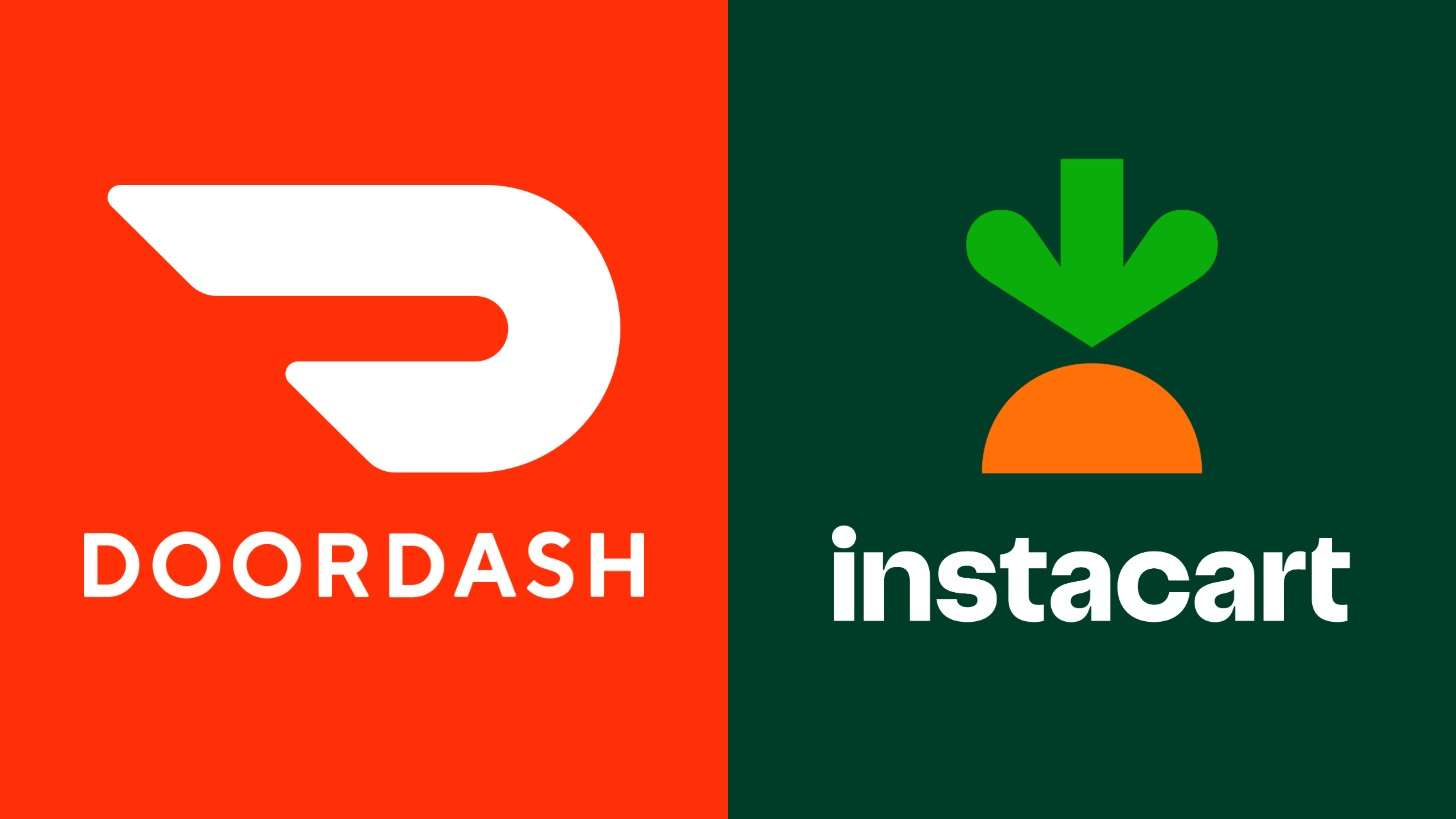 The DoorDash and Instacart logos. Image: DoorDash and Instacart via Wikimedia Commons The DoorDash and Instacart logos. Image: DoorDash and Instacart via Wikimedia Commons