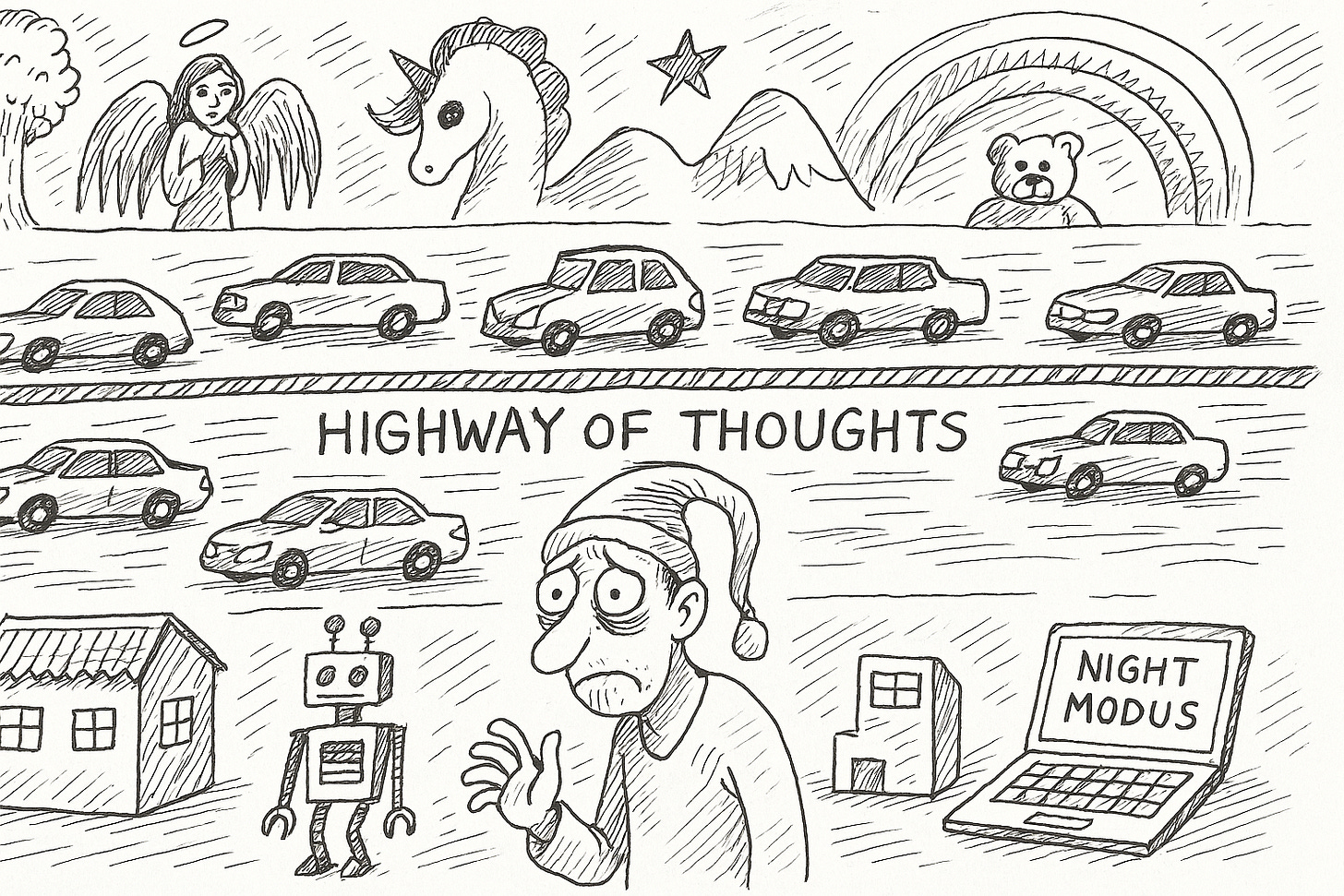 anxiety attack, dreamland, highway of thoughts, awakend from nightmare, Tim Wiesnerer artwork anxiety attack, dreamland, highway of thoughts, awakend from nightmare, Tim Wiesnerer artwork