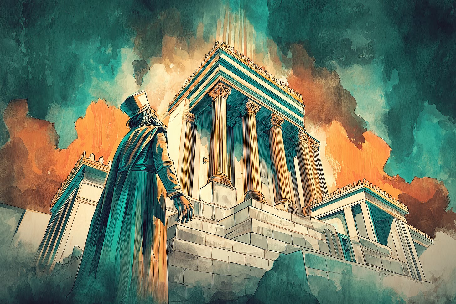 King Solomon stands before the completed temple and the glory of the Lord descends upon it