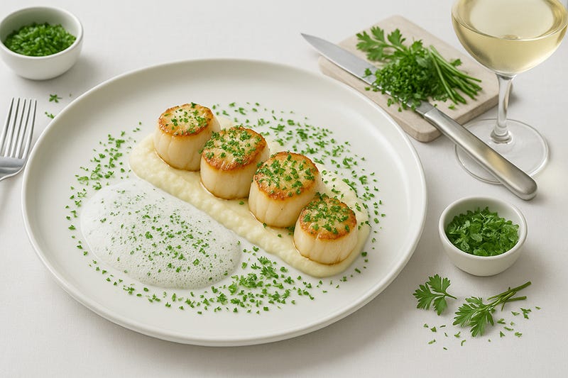 Scoici Saint-Jacques aromatizate cu fines herbes, pe pat de piure de țelină cu spumă de vin