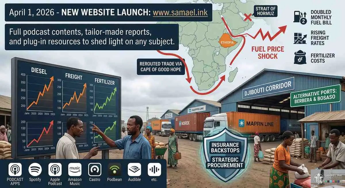 A multi-panel strategic image. The top section is an infographic. A banner announces: 'April 1, 2026 - NEW WEBSITE LAUNCH: www.samael.ink', and below it: 'Full podcast contents, tailor-made reports, and plug-in resources to shed light on any subject.' A map displays a blocked 'STRAIT OF HORMUZ' with red arrows indicating 'REROUTED TRADE VIA CAPE OF GOOD HOPE' towards East Africa, and a jagged red line pointing from the block to Ethiopia, labeled 'FUEL PRICE SHOCK'. Small icons show a doubled monthly fuel bill, rising freight rates, and fertilizer costs. The bottom half transitions to a realistic photographic scene at an Ethiopian intermodal terminal and market. A large digital screen shows fluctuating, sharp upward price graphs for 'DIESEL', 'FREIGHT', and 'FERTILIZER'. Ethiopian people view the screen with concern, handling goods. Trucks are loading containers, some marked with logos for major shipping lines. One large sign above a warehouse reads 'DJIBOUTI CORRIDOR' and another points to 'ALTERNATIVE PORTS: BERBERA & BOSASO'. A stylized graphic overlay shows a protective shield labeled 'INSURANCE BACKSTOPS' and 'STRATEGIC PROCUREMENT'. In the lower left, a row of white icons with labels: 'PODCAST APPS', 'Spotify', 'Apple Podcast', 'Amazon Music', 'Castro', 'Podbean', 'Audible', 'etc.'.