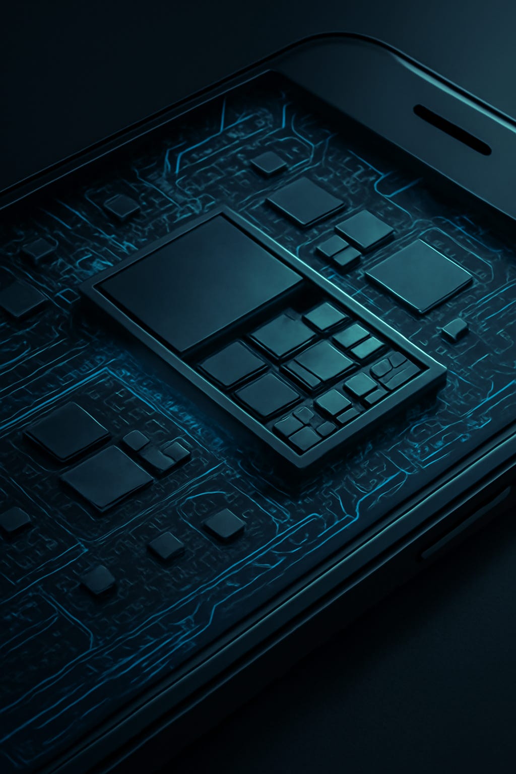 Smartphone chip visual with unlabeled silicon blocks and pathways.