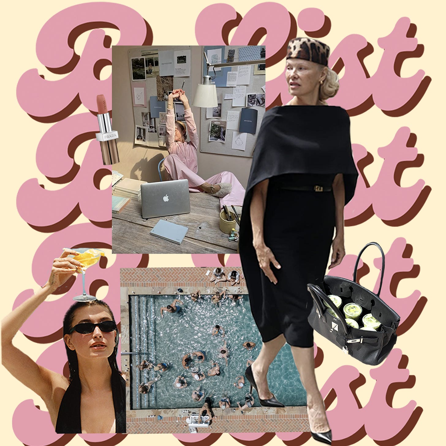 Images of Prada lipstick, a pool, a woman working on her laptop, and Pam Anderson