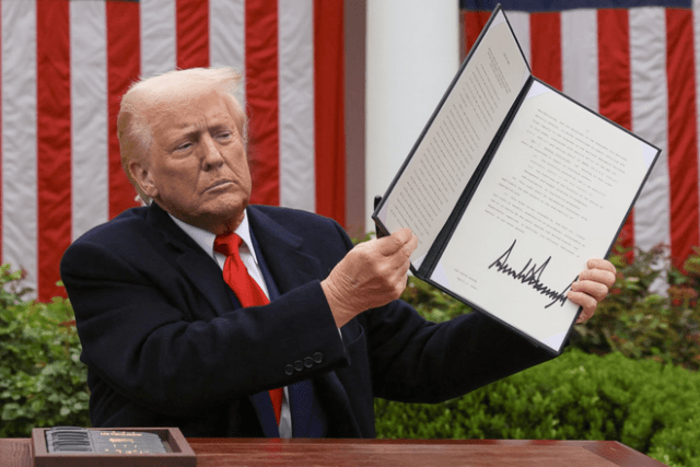 President Donald Trump holds a signed executive order on tariffs, in the Rose Garden at the White House in Washington, D.C., April 2, 2025. Photo by Leah Millis/Reuters