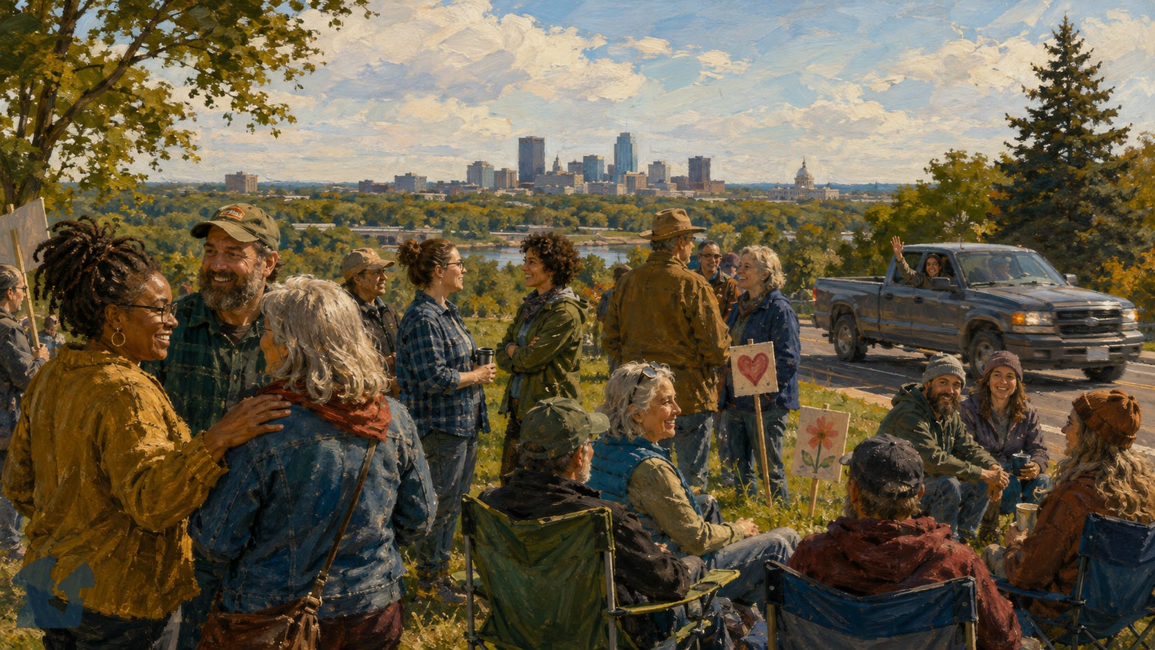 Painterly illustration of a diverse group of Minnesotans gathered together on a grassy hill, talking, laughing, and sitting in folding chairs as a pickup truck passes nearby, with a city skyline in the distance. Painterly illustration of a diverse group of Minnesotans gathered together on a grassy hill, talking, laughing, and sitting in folding chairs as a pickup truck passes nearby, with a city skyline in the distance.