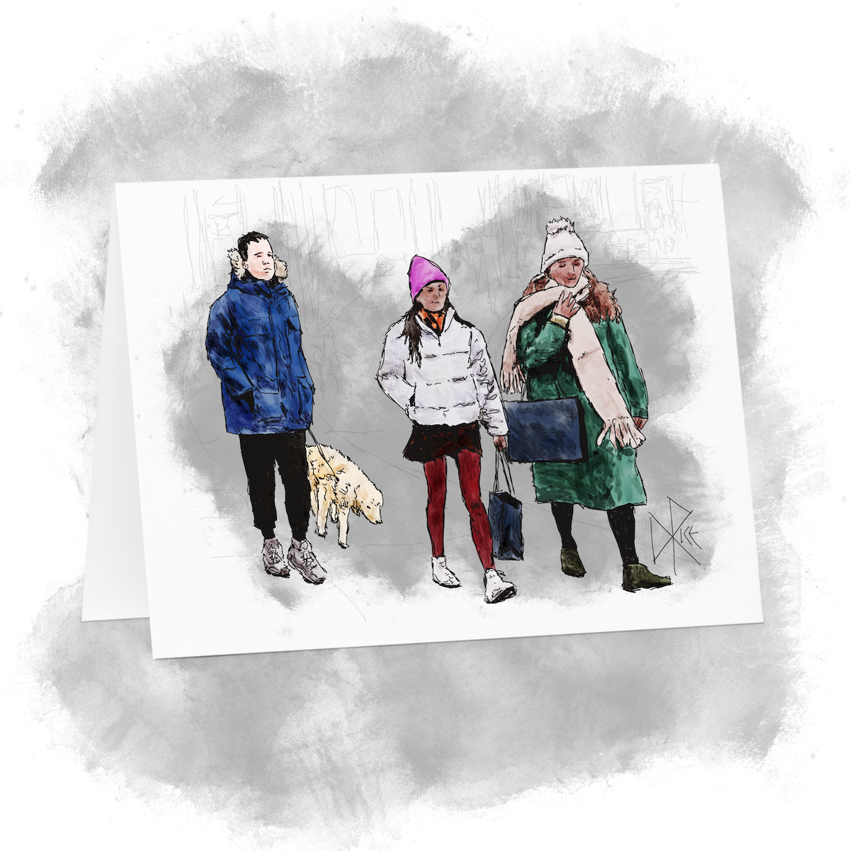 On a winter weekend, a man strolls the sidewalk with his dog as they follow a woman and a teen girl who are both holding their shopping bags. Sketch art by Don Rice.
