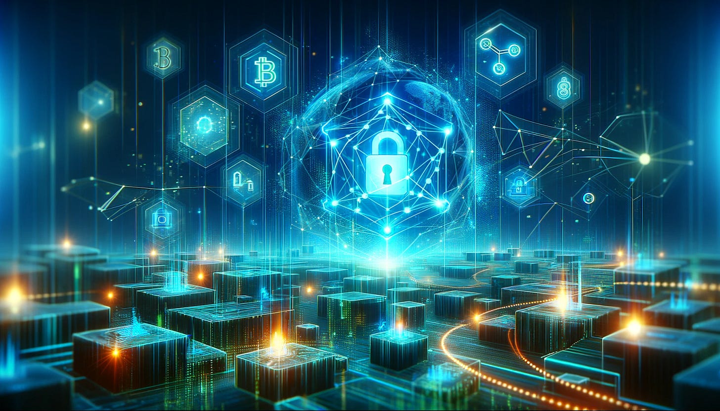 Illustrate a concept focused on digital smart contracts on the blockchain in a 16:9 format. The image should convey the futuristic and secure nature of blockchain technology through a digital landscape. Visual elements could include abstract representations of digital contracts, featuring glowing lines of code, interconnected blocks symbolizing the blockchain, and symbols of security like digital locks and keys. The color scheme should be dynamic and vibrant, emphasizing blues and greens to reflect the digital, cryptographic theme. Add subtle textures or patterns to give depth and interest to the composition, ensuring the overall look feels advanced and high-tech.