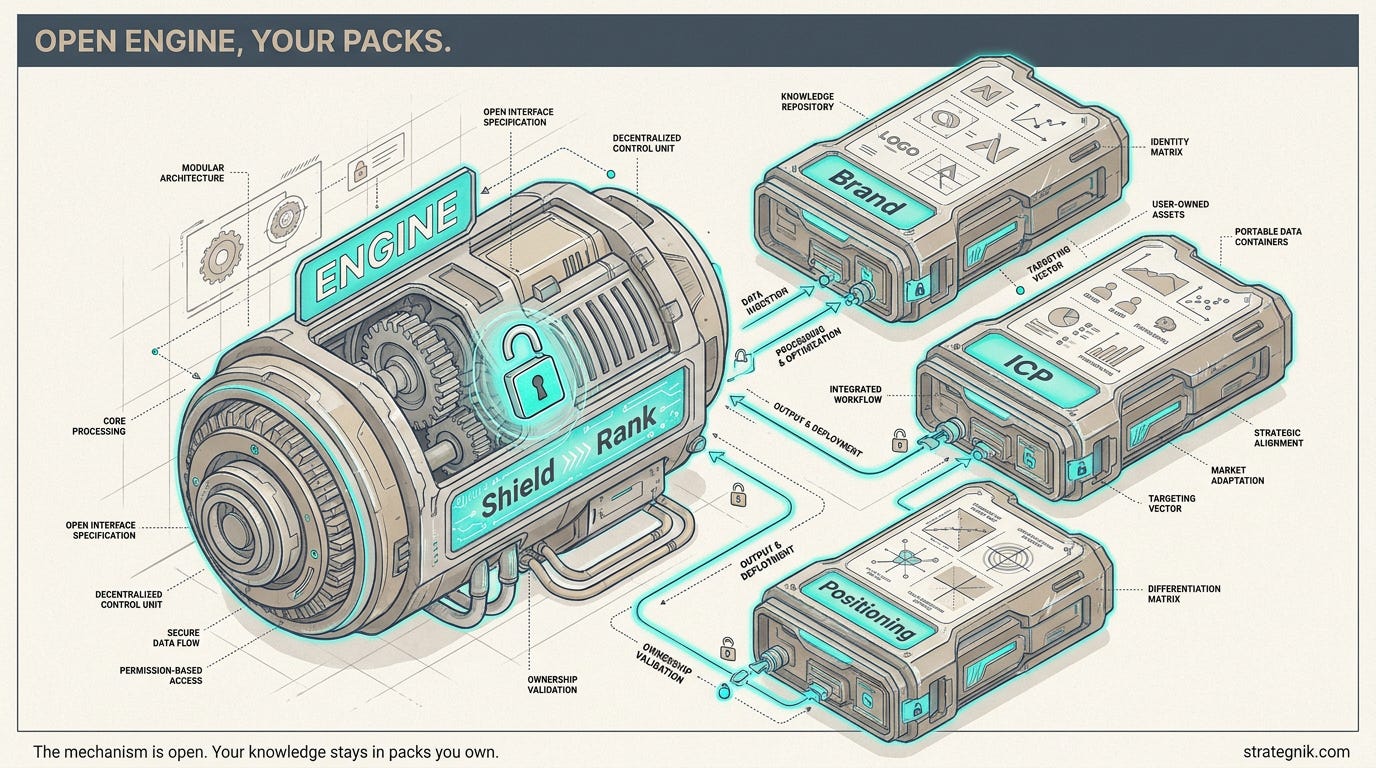 An open engine running Shield then Rank with your Brand, ICP, and Positioning as swappable packs An open engine running Shield then Rank with your Brand, ICP, and Positioning as swappable packs