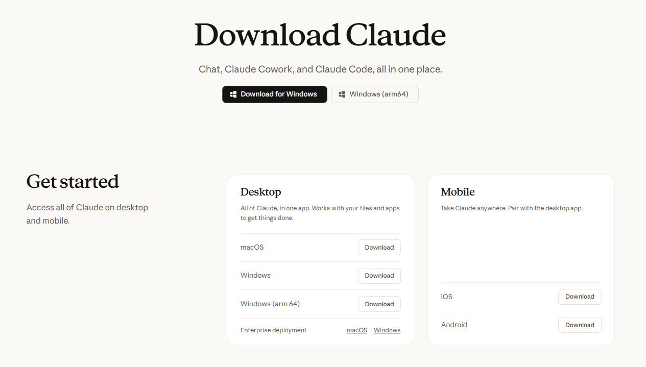 Claude.ai download page showing macOS, Windows, Windows arm64, iOS, and Android download buttons under "Download Claude." Claude.ai download page showing macOS, Windows, Windows arm64, iOS, and Android download buttons under "Download Claude."