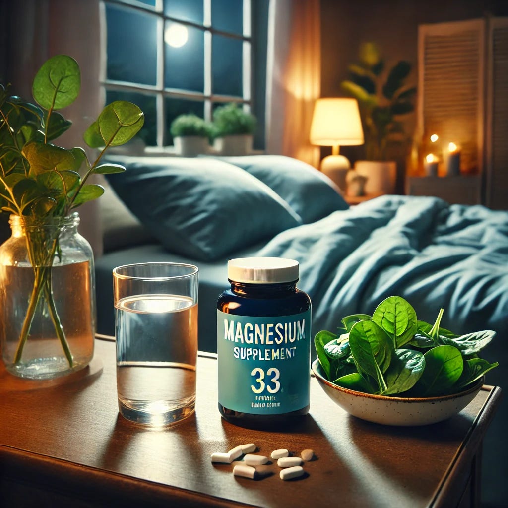 A peaceful bedroom scene at night, with soft lighting and a focus on a bedside table that has a glass of water, magnesium supplement bottle, and a few green leafy vegetables like spinach placed nearby. The environment is calming, with a hint of moonlight coming through a window and a cozy bed with neatly folded sheets. The overall mood of the image should evoke restfulness and relaxation, emphasizing the connection between magnesium and sleep.
