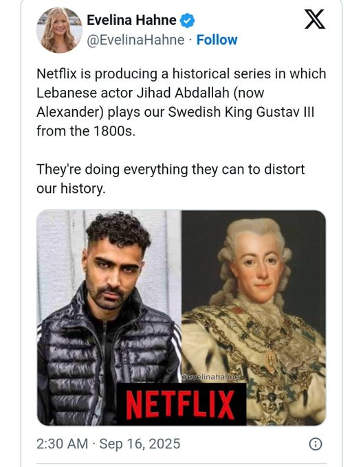 Jihad Abdallah on the left, wearing a black jacket with white stripes. Gustav III on the right, depicted in a historical portrait with white hair, wearing ornate 18th-century royal attire. A Netflix logo is visible at the bottom center of the image.