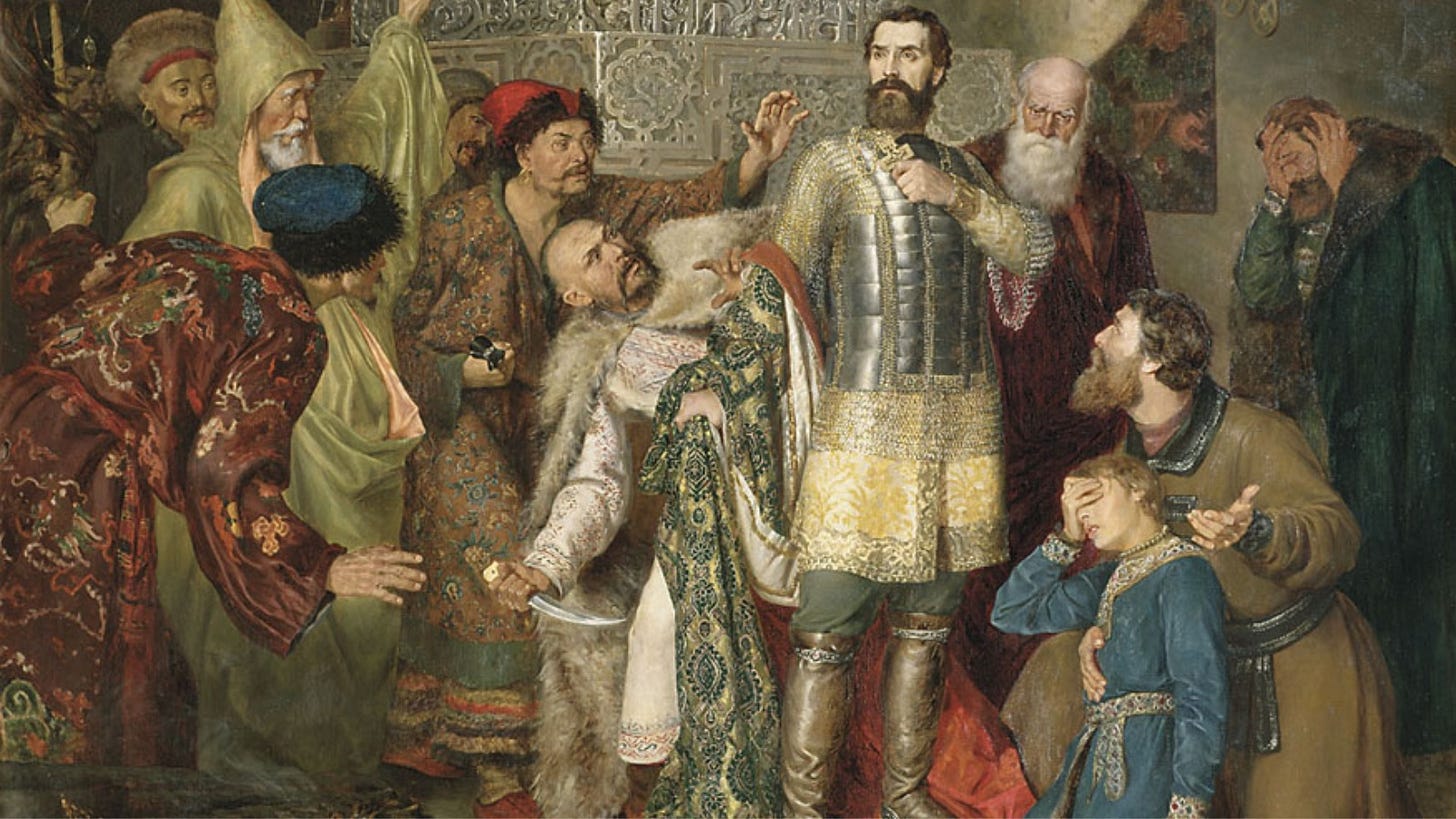 Prince Michael of Chernigov refuses Batu Khan’s order to prostrate himself before the tablets of Genghis Khan during the invasion of Kyivan Rus.  