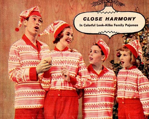 Families in the 1950s wearing match pajama sets in festive Christmas designs
