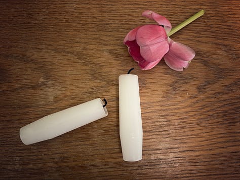 A selection of objects - watch, books, skull, candles - symbolising transience.