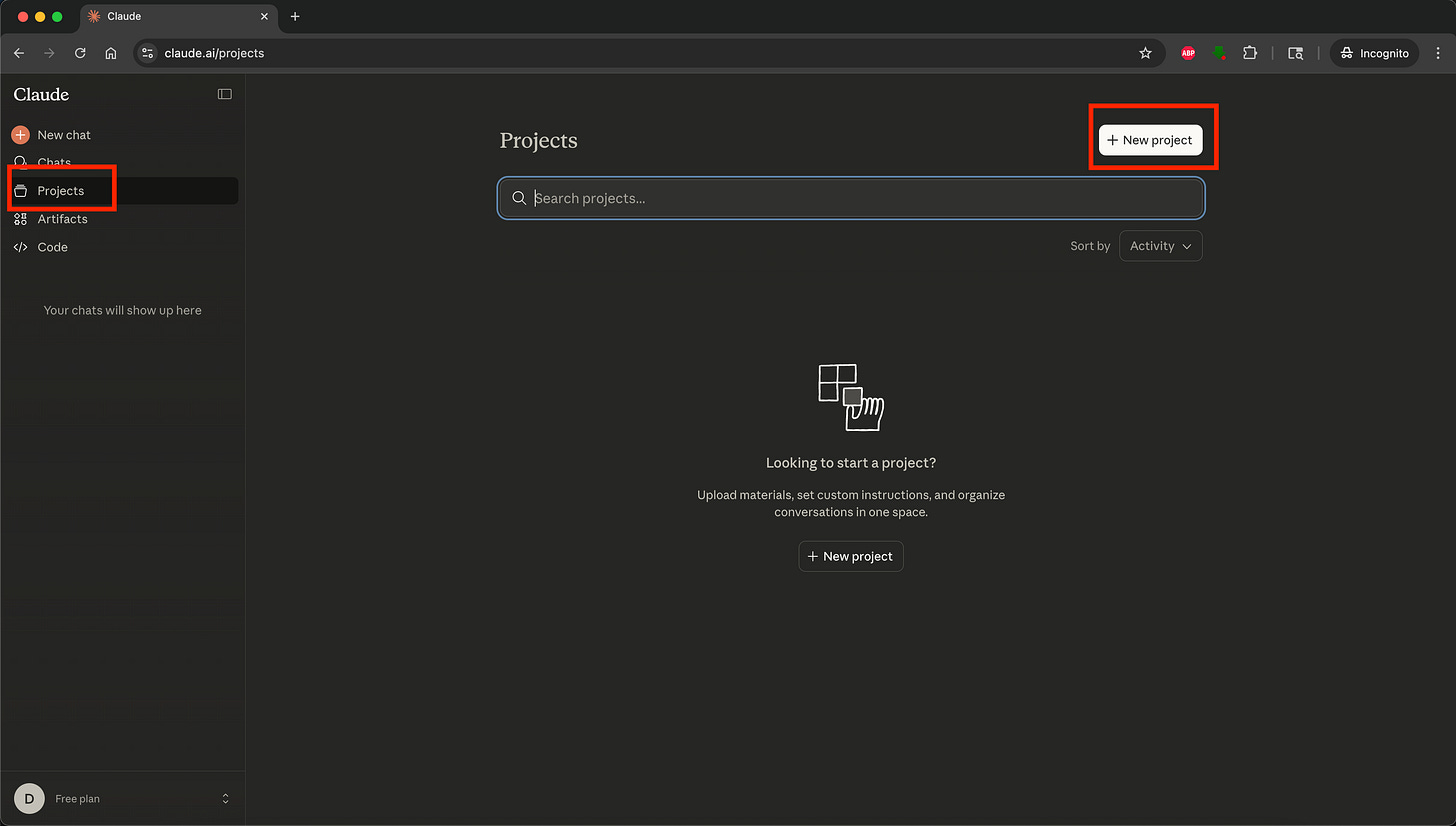 Claude Projects new project dialog showing the project name input field and create button Claude Projects new project dialog showing the project name input field and create button