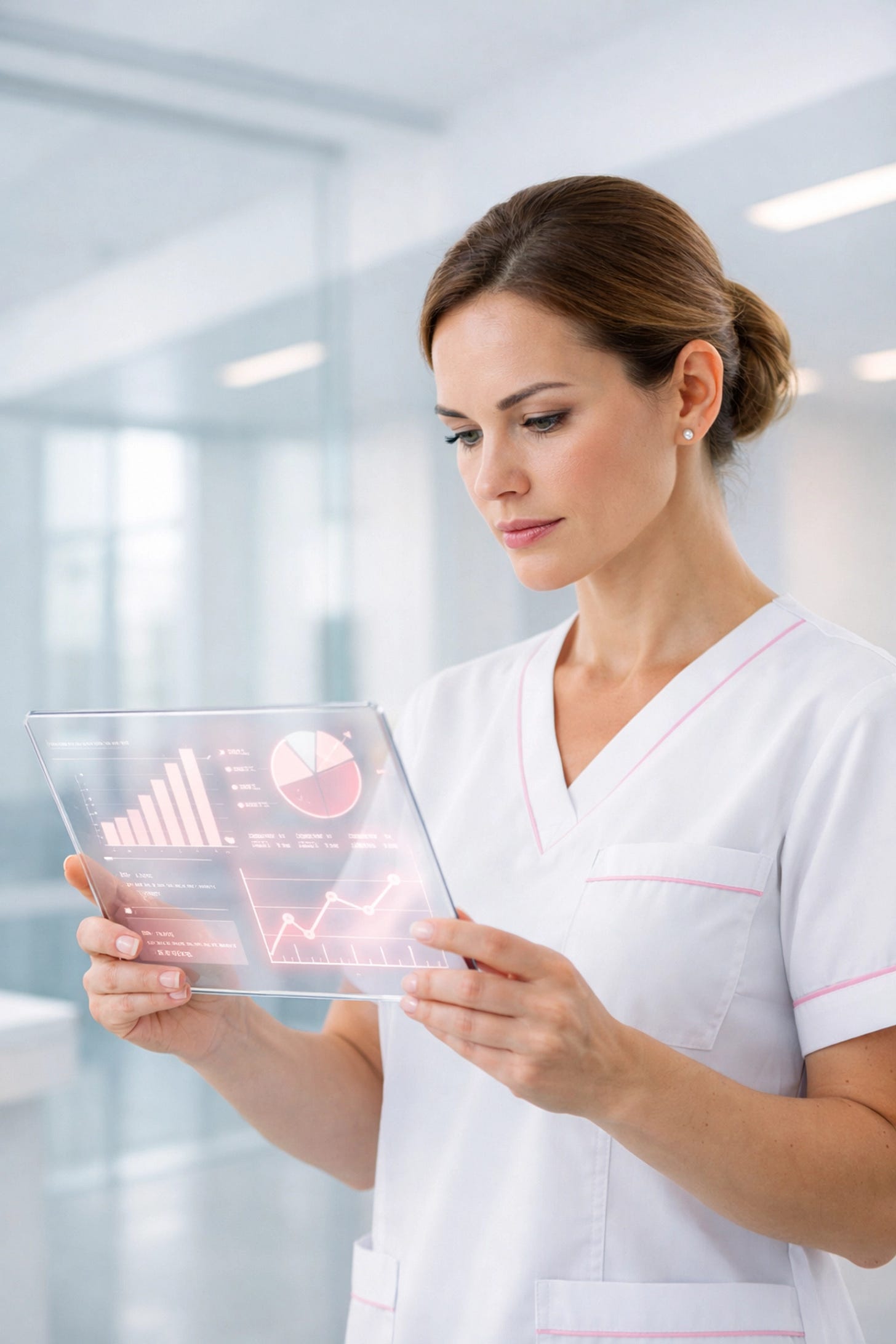 Nurse in white scrubs reviewing hospital staffing data and financial metrics on a digital tablet. Nurse in white scrubs reviewing hospital staffing data and financial metrics on a digital tablet.