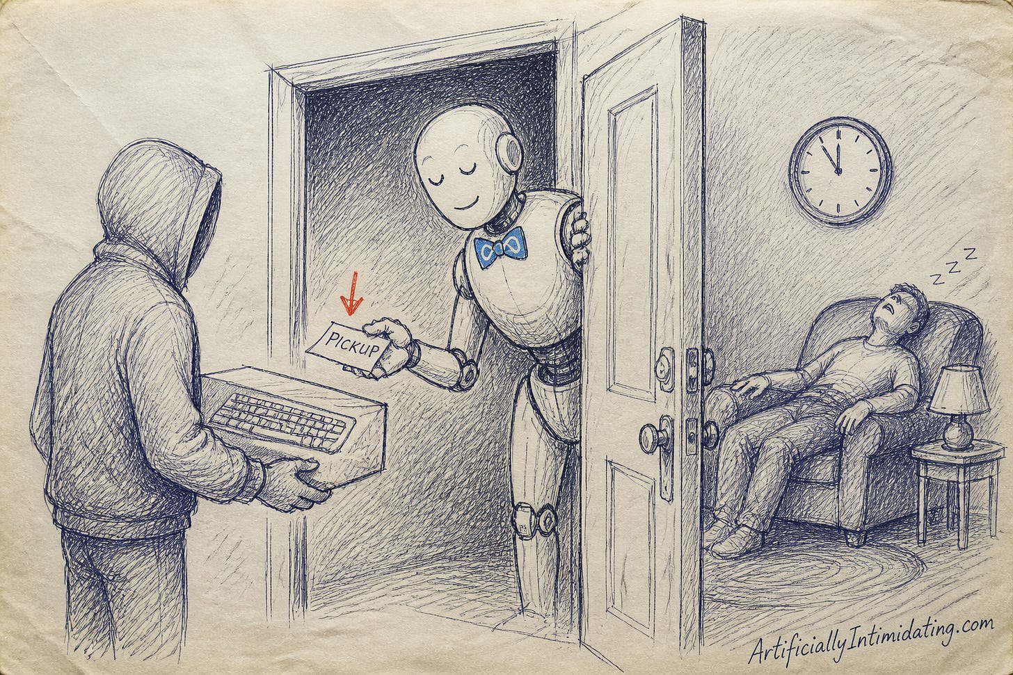 A polite robot butler in a blue bow tie holds a front door open and hands a hooded stranger carrying a boxed keyboard a slip of paper marked PICKUP, while the homeowner sleeps in an armchair inside. A polite robot butler in a blue bow tie holds a front door open and hands a hooded stranger carrying a boxed keyboard a slip of paper marked PICKUP, while the homeowner sleeps in an armchair inside.