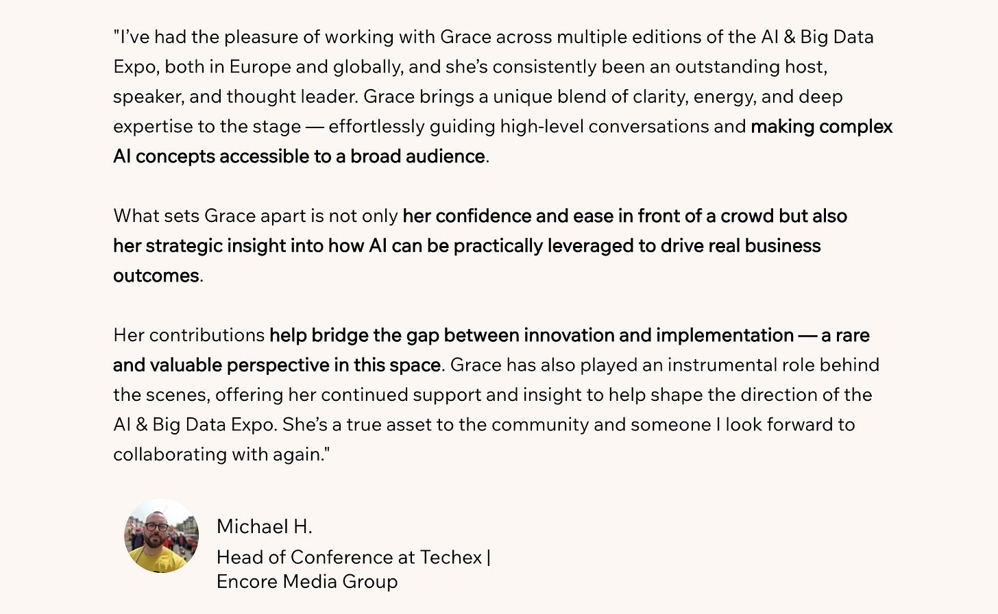 Testimonials of Grace Man AI Strategy League speaking at AI & Big Data Expo TechEx