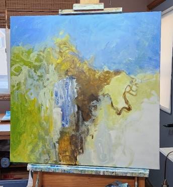 A painting in process by artist M E Fuller.