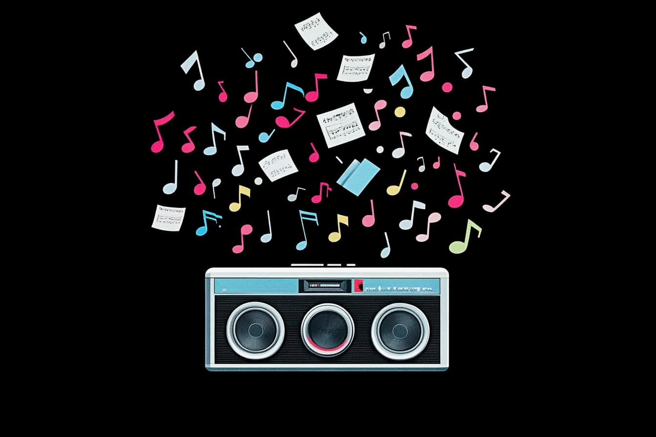 A speaker surrounded by musical notes and sheets of music on a black background