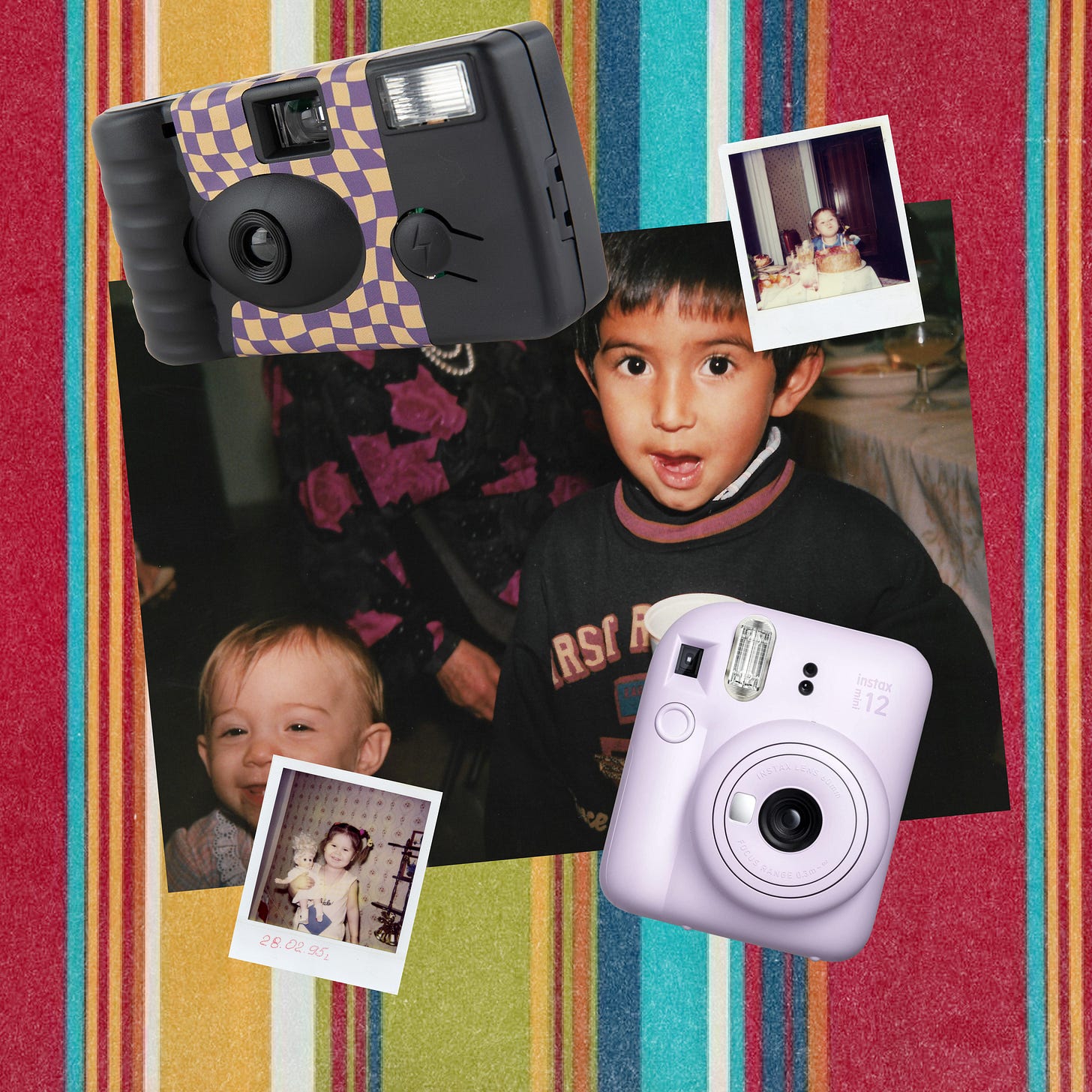 A collage of childhood Polaroid snapshots alongside a disposable film camera and a purple Instax instant camera.