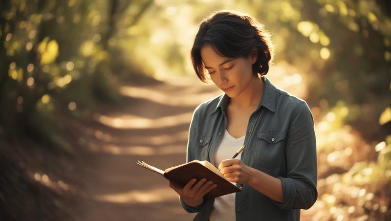 A person walking alone on a forest trail, deep in thought, with a small notebook or phone in hand, jotting down ideas. The background is blurred, emphasizing the writer's introspection. The atmosphere feels peaceful and contemplative, capturing the essence of creativity sparked by solitude and nature. A person walking alone on a forest trail, deep in thought, with a small notebook or phone in hand, jotting down ideas. The background is blurred, emphasizing the writer's introspection. The atmosphere feels peaceful and contemplative, capturing the essence of creativity sparked by solitude and nature.