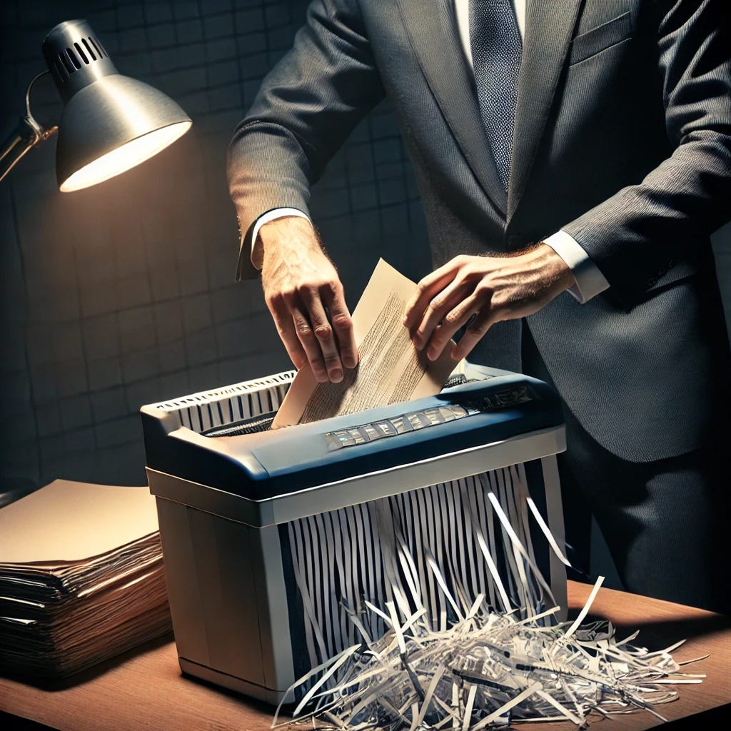 A government official in a suit and tie shredding a stack of documents in a dimly lit office. The documents are being fed into a paper shredder, with torn pieces scattering. The scene has a serious and secretive atmosphere, with shadows and a desk lamp providing moody lighting.