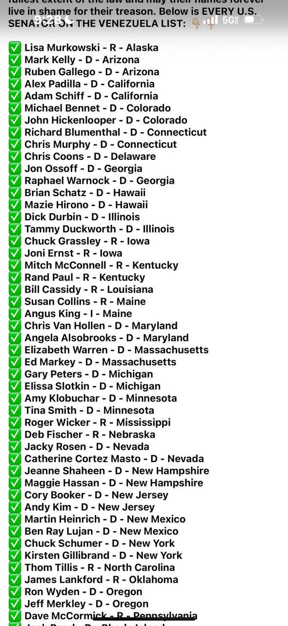 A list of US senators whose names have been crossed out because they suggest links to Venezuela.