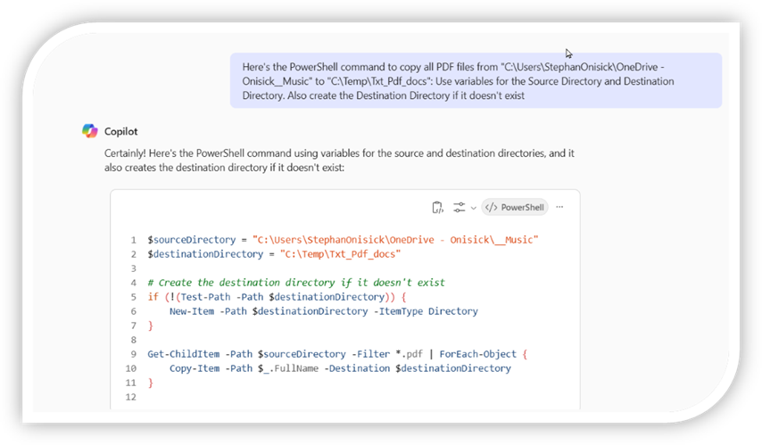 An image depicting Copilot generating PowerShell code to copy files. The image includes a code snippet with highlighted syntax. An image depicting Copilot generating PowerShell code to copy files. The image includes a code snippet with highlighted syntax.