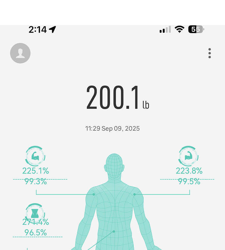 1. Muscular man in gray tank top with grayscale American flag and wearing a black Under Armour ballcap. Holding camera, standing at red-padded gym curling station. 2. Image from smart scale companion app, showing body fat and weight, 200.1 lbs.